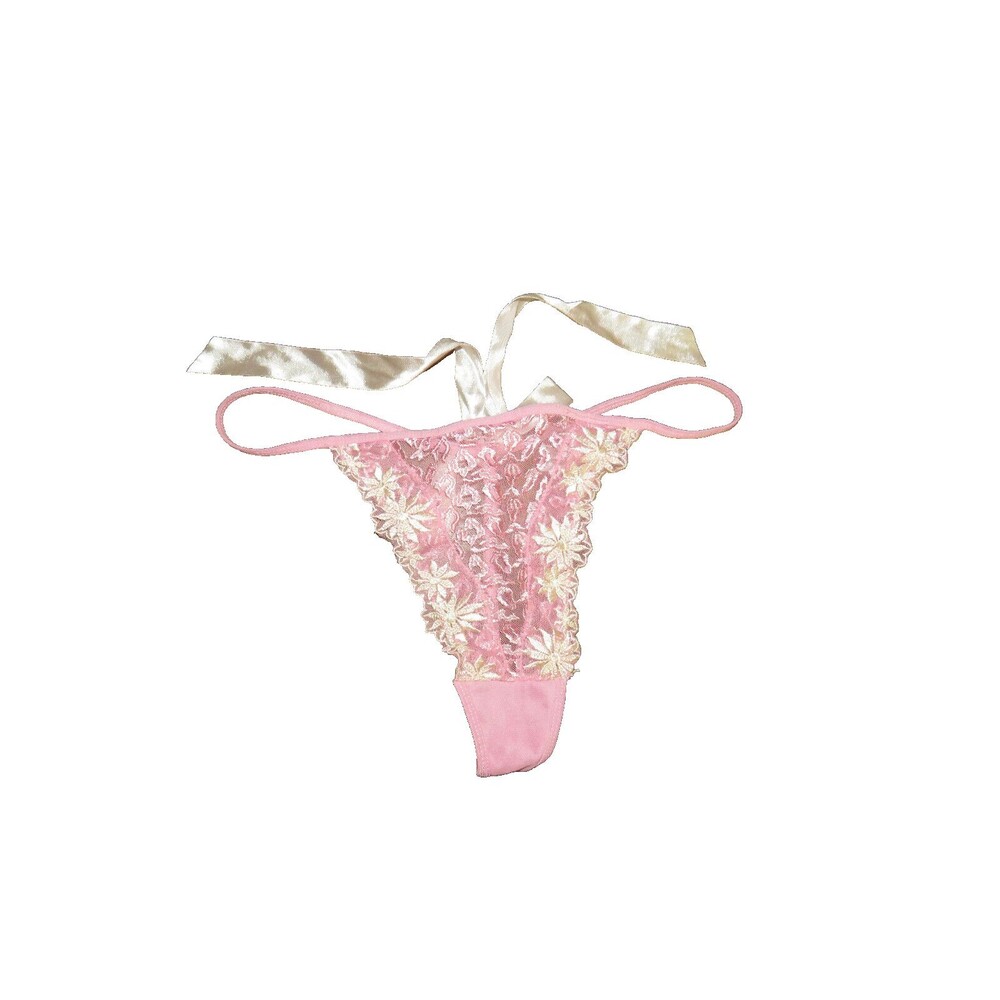 Vintage Glamour Pink Mesh Embroidered Thong Panties Satin Back Bow Size XL - Picture 3 of 14